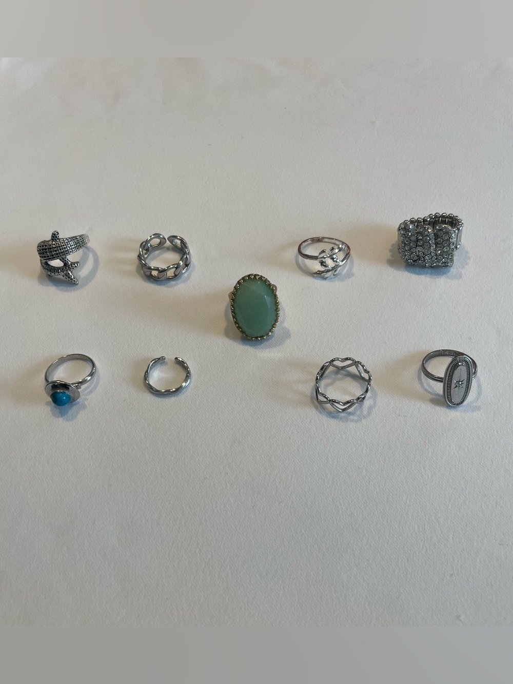 Y2K Silver Stackable Ring Lot Bundle 9pc Set Stone Rhinestone Animal Stacking
